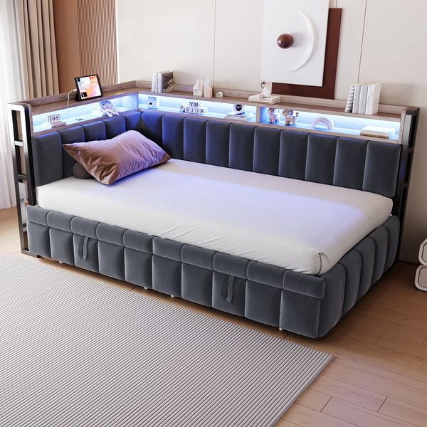 Merax Schlafsofa Tagesbett 90x200cm mit Ausziehbett, Jugendbett Einzelbett mit Ladefunktion und LED, Polsterbett Metallbett, Samt, Dunkelgrau