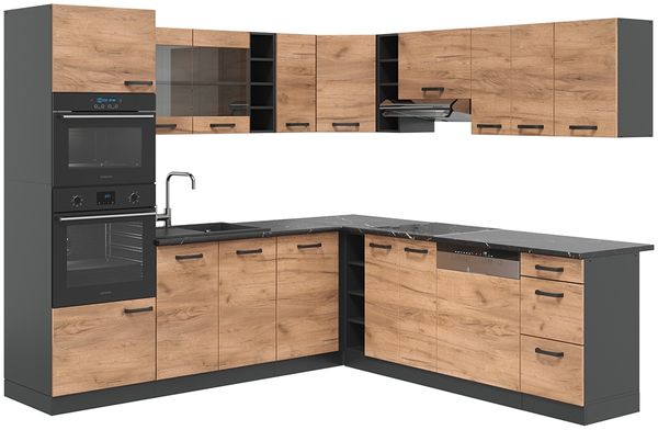 Eckküche R-Line Goldkraft Eiche/Anthrazit 247 x 46 cm ohne Arbeitsplatte Vicco