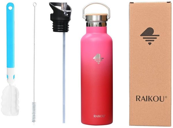 RAIKOU Isolierflasche Edelstahl Trinkflasche Vakuumisolierte Wasserflasche Thermoflasche, bis zu 12H heiß / 24H kalt,mit 2 Deckel,350ml/500ml/750ml/1000ml