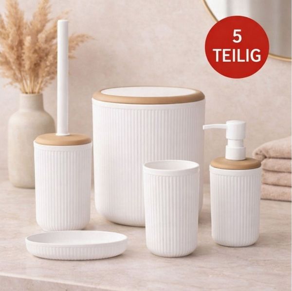 Jungengel Badezimmer-Set Mina Due Schwarz / Weiß Gestreiftes Rundes 5-teiliges Bad-Set, (Set, 5-St, 5-teiliges Badezimmeraccessoire-Set für moderne Badezimmergestaltung), 5-Tlg, Modernes Rillen-Design in Weiß oder Schwarz mit Holzoptik