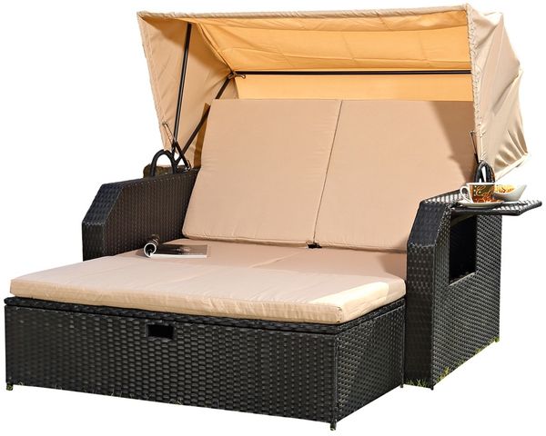 Mucola Strandkorb Strandkorb Sonnenliege Sonnenbett mit Dach aus Polyrattan Relaxliege, BxTxH: 145,00 x 143,00 x 130,00 cm, (Stück), Sonnenschutzdach