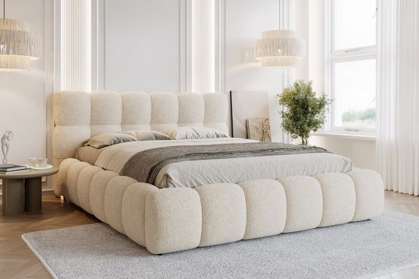 Deine Möbel 24 Polsterbett LUVA Bubble Bett mit Bettkasten und Lattenrost Stauraumbett (Set, 3-tlg, Bett in Bouclé Weiß, Creme, Dunkelbeige, Grau, Hellgrau, Braun), Stauraumbett in 140x200 160x200 180x200 200x200