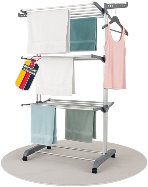 Fahrbarer Wäscheständer 3 Ebenen mit Bügelhalter Farbe: Grau