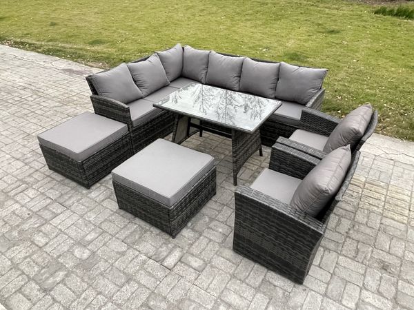 Fimous Outdoor Gartenmöbel-Set Ecksofa Set mit Länglicher Esstisch 2 Großer Hockern 2 Sesseln Dunkelgrau gemischt