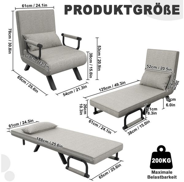 FIVMEN Sessel 3 in 1 Schlafsessel Schlafsofa Klappbares mit Bettfunktion, Klappsessel mit Verstellbare Rückenlehne Sofabett Gästebettfür