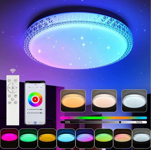 oyajia Deckenleuchte 36W Kristall LED Deckenlampe, RGB Deckenleuchte Sternenhimmel Lampen, LED fest integriert, RGB+Warmweiß & Neutralweiß & Kaltweiß, Dimmbar mit Fernbedienung oder APP-Steuerung,für Wohnzimmer Küche
