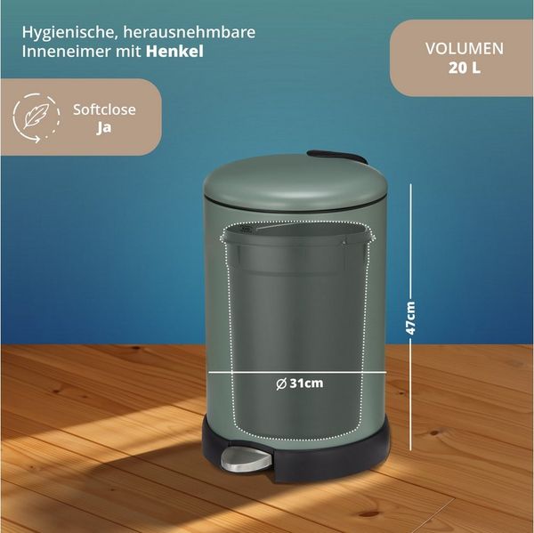KHG Mülleimer Grün pulverbeschichtet 20 Liter mit Trittmechanismus und Soft-Close, Metallgehäuse mit Griff, herausnehmbarer Inneneimer aus Kunststoff