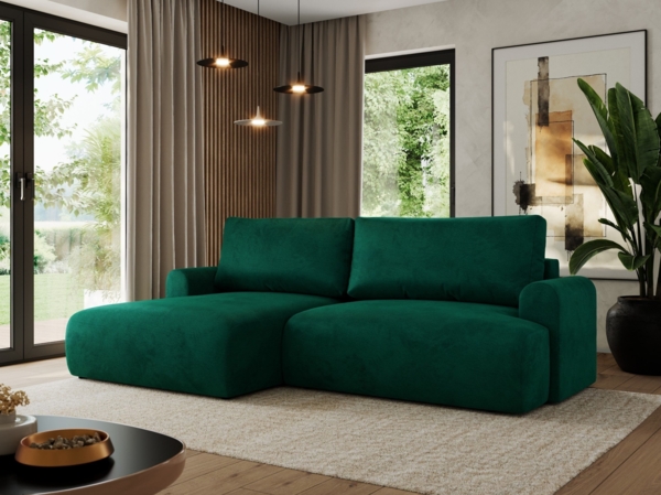 L-förmiges Ecksofa mit losen Kissen und Armlehnen für das Wohnzimmer, Ecksofa mit Schlaffunktion, Bettkästen - TONO - Dunkelgrün Velours - linke Seite
