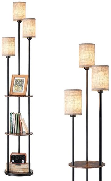 EDISHINE Stehlampe Wohnzimmer, LED wechselbar, warmweiß, mit Regalen, Leinenlampenschirme, E27 LED inkl.