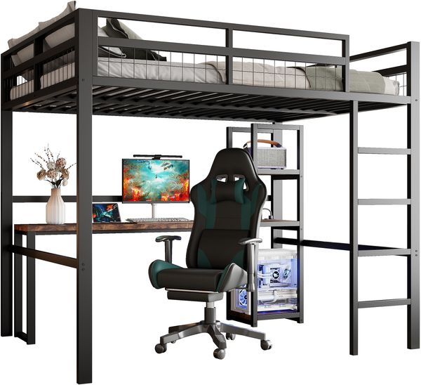 Hochbett, 140 x 200cm, Eisenrahmen, mehrere Einlegeb?den, Schreibtisch mit Steckdose, mit usb type-c, Gel?nder, Trittleiter, ohne Matratze, Schwarz Bild 7