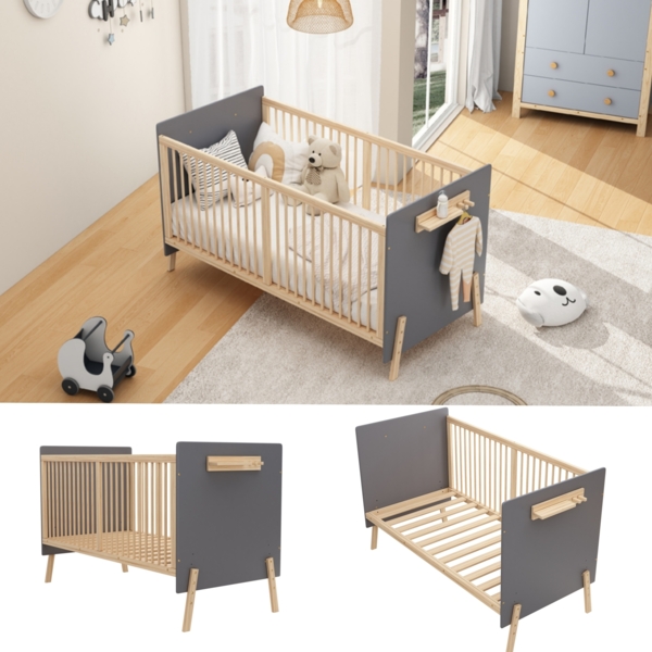 Merax Massivholz Babybett, Verstellbares Kinderbett mit Drei-stufiger Höhenverstellung, Als Anschlussbett/Sofabett nutzbar, Ohne Matratze, Blaugrau + Naturholzfarbe