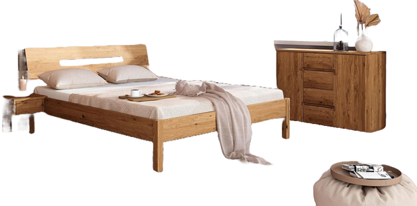 Bett Bento 7 aus Wildeiche massiv 160x200 cm mit Holzkopfteil und Holzbeinen