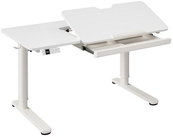 HOMALL Kinderschreibtisch Höhenverstellbarer Schreibtisch mit neigbarer Tischplatte & Schublade (Maße: 120x60 cm, Tischplatte um 60° nach oben klappbar, mit großer Schublade und Haken, 3-stufige Höhen-Speicherfunktion + Typ-C-Anschluss)