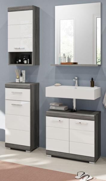 Badmöbel Set Shawn in weiß Hochglanz und grau 4-teilig 112 cm