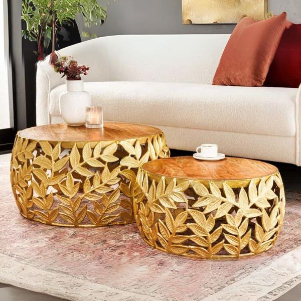 Extravagantes Couchtisch-Set RIXOS-Leaf ca. 70cm Metall natur Akazie Handarbeit