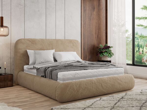 Bett mit Stauraum Polsterbett BENEA CLASSIC, Doppelbett mit Lattenrost Gepolstertes Kopfteil Gasdruckfeder Schlafzimmerbett Pocket Matratze - 200 x 200 cm - Beige Plüsch - VIRE LUX