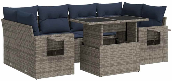 vidaXL 7-tlg. Garten-Sofagarnitur mit Kissen Grau Poly Rattan 3326432