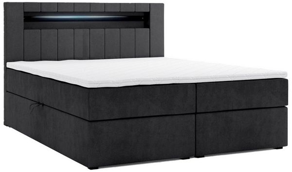 M-Punkt24 Boxspringbett Kuba (180 x 200 cm, Schwarz, LED Beleuchtung, VISCO Schaum Topper), inkl. Bettkasten und Topper