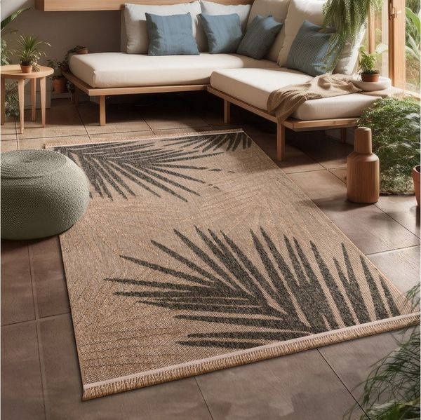 KADIMA DESIGN Outdoorteppich Blätter Balkon, Terrasse schmutzabweisend Outdoor Teppich, Rechteckig, Höhe: 11 mm, Florhöhe: 7 mm, 100% Polypropylen, Rechteckig, 120x160 cm, Beige
