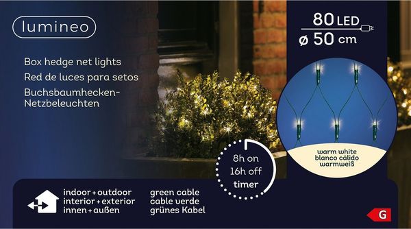 Lumineo LED-Lichternetz Lumineo Buchsbaumbeleuchtung 80 LED D: 50 cm, warm weiß, grünes Kabel, In-/Outdoor, Hecken-Beleuchtung, 8h-Timer