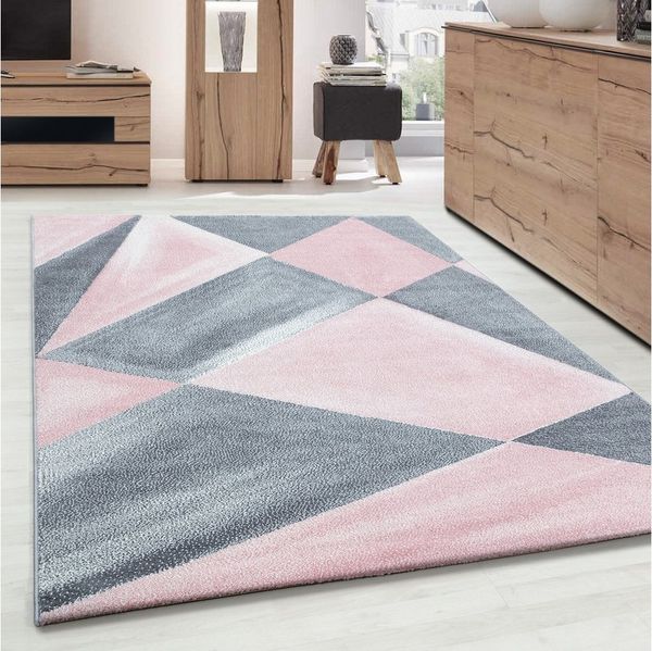 Carpettex Frisé-Teppich Geometrisch Design, Läufer, Höhe: 10 mm, Modern Kurzflor Teppiche Geometrisch Design Rosa Teppich Wohnzimmer
