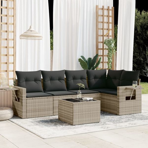 vidaXL 6-tlg. Garten-Sofagarnitur mit Kissen Hellgrau Poly Rattan 3220141