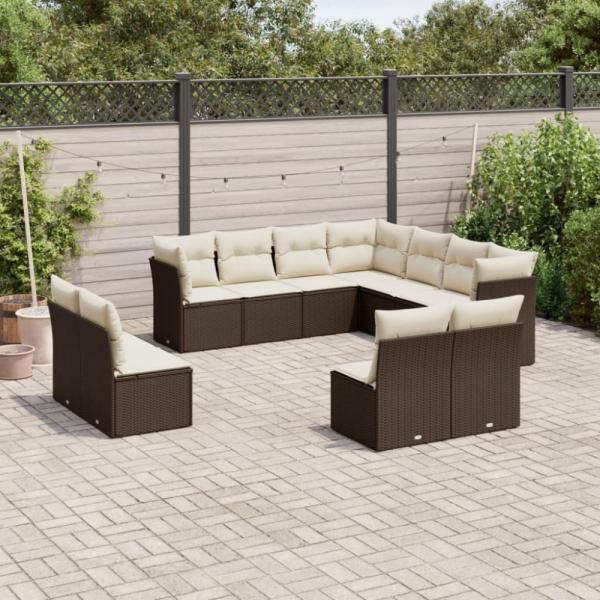 vidaXL 11-tlg. Garten-Sofagarnitur mit Kissen Braun Poly Rattan 3217823