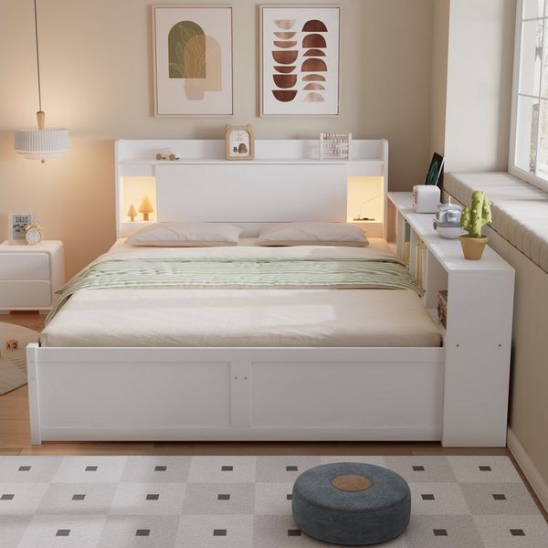 Flieks Holzbett, Doppelbett Kinderbett 140x200cm mit LED Stauraum Aufladen 2 Schubladen