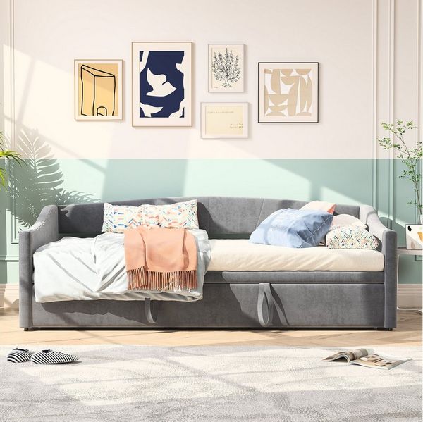 FUROKOY Polsterbett Daybett Tagesbett Schlafsofa Ausziehbares mit Bettfunktion (Packung, 1-tlg, Ausziehbarer Bettrahmen), 90x200 cm/180x200 cm,Grau,Samt,Multifunktionsbett,Lattenrost