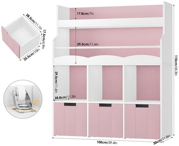 HOMECHO Spielzeugtruhe Kinderregal mit 5 Fächern und Rollschubladen, Weiß Kinderbücherregal für Schlafzimmer Kinderzimmer 110x100x30cm