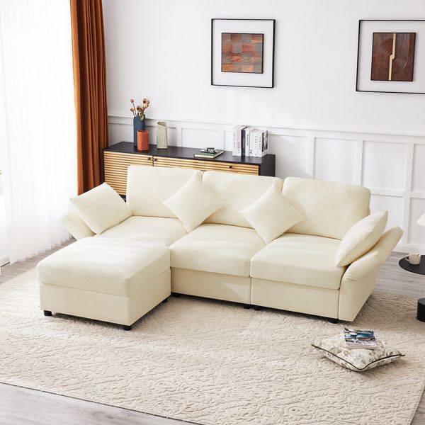 Ecksofa mit Hocker, Zierkissen und Rückenlehnen, L-Form, Armlehnen verstellbar, inkl. Federkern, Polstersofa, Loungesofa, Chenille
