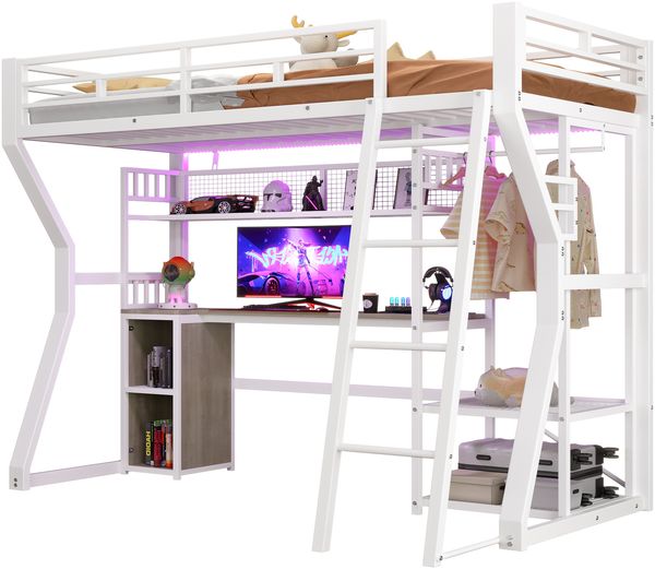 Hochbett 90x200 cm mit Eisenrahmen, LED-Lichtleiste, Steckdose, Kleideraufhängung, Schreibtisch und Staufächern, Weiß
