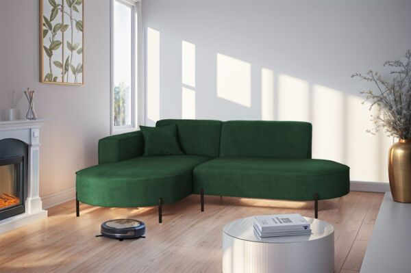 Ecksofa Designersofa VALENCIA XS in Stoff Noel Dunkelgrün Ottomane Links