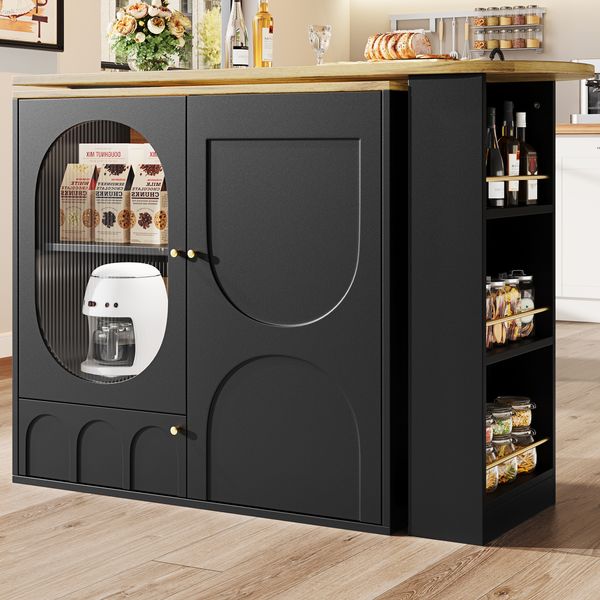 Ausziehbarer Bartisch 138×39×105 cm in Schwarz, auf 204 cm verlängerbar, Stehtisch mit 3 Glastüren und 360° Drehfunktion, 105cmx138-204cmx39cm
