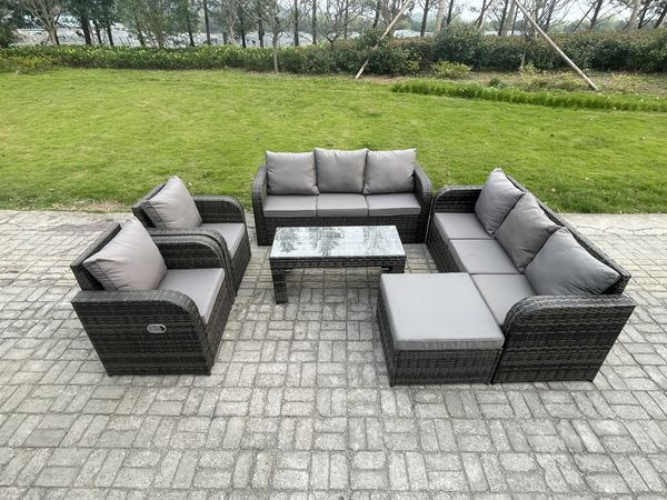 Fimous 9-Sitzer Hoher Rücken Polyrattan Gartenmöbel Set mit Liegestühle Rechteckiger Couchtisch 2 Großer Hockern Garten Lounge Set Dunkelgrau Gemischt