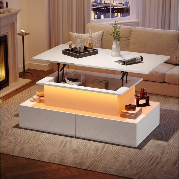 KLAM HOME Couchtisch Höhenverstellbarer Couchtisch Mit LED Beleuchtung Und Schublade (Moderner Beistelltisch 90 x 55 x 41 cm mit ausziehbarer Tischplatte), Couchtisch mit Stauraum, Click-to-Open Schubladen & App-LED
