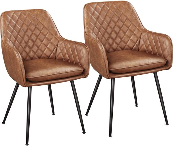 Yaheetech Esszimmerstühle 2er Set Küchenstühle, Polsterstühle mit Armlehnen Metallbeine, Seesel aus Kunstleder für Arbeitszimmer/Wohnzimmer, Braun