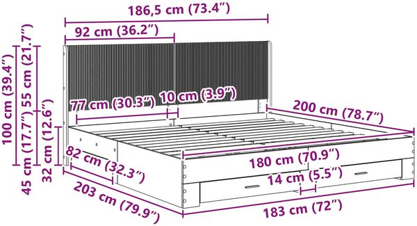 vidaXL Bettgestell mit Stauraum und Kopfteil Betongrau 180 x 200 cm 3414440 Bild 11