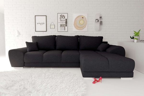 99rooms Antalya Ecksofa Strukturstoff NEVE Schwarz Rechts mit Schlaffunktion