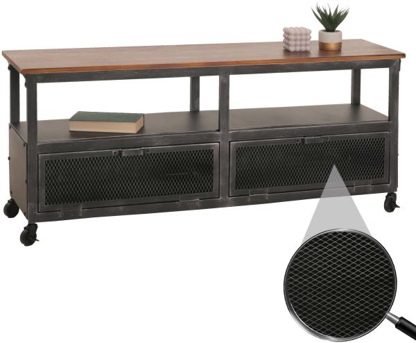 Lowboard HWC-N28, TV-Rack, Rollen 2 Fächer, 3D-Struktur Industrial Retro Metall Holz 55x130x36cm ~ schwarz, braun