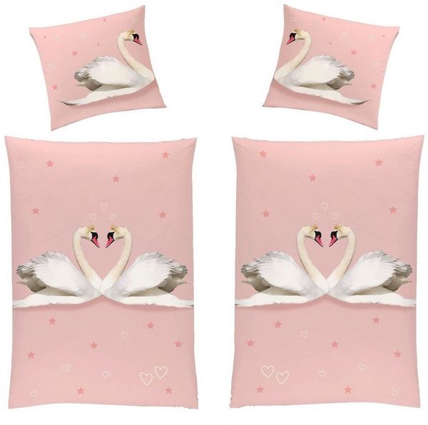 Partner Bettwäsche Set 4tlg. | 135x200 80x80 | Flanell Bettwäsche mit Reißverschluss | Rosa verliebte Schwäne