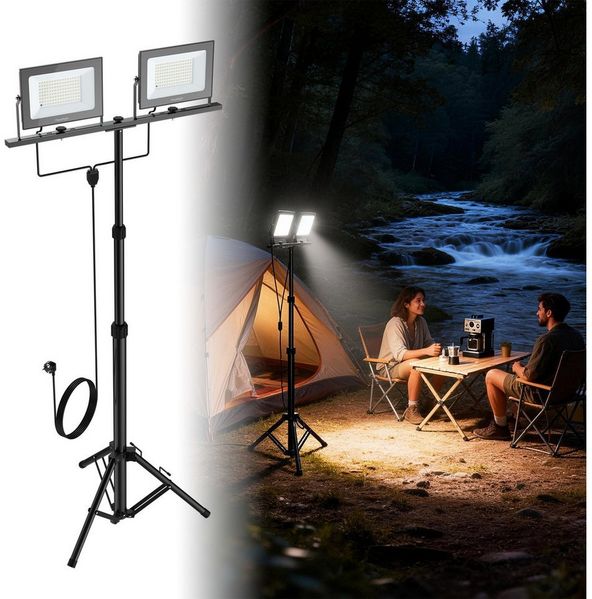 FIVMEN LED Baustrahler Doppel Arbeitsstrahler mit Einstellbar Stativ Arbeitsleuchte mit Kabel, 2*100W, Arbeitsscheinwerfer 360° Grad Drehung Strahler, Kaltweiß