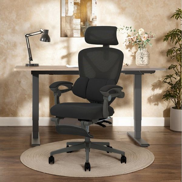 FLEXISPOT Drehstuhl Ergonomischer Bürostuhl mit X-Design (135° neigbare Rückenlehne & 3D-Kopfstütze & zonenverstellbare Lendenunterstützung), Synchron-Armlehnen, Ausziehbare Fußstütze, Drehstuhl für Homeoffice