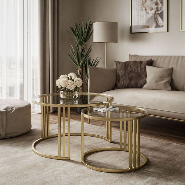 Lookway Couchtisch LORI 2in1 GLASS auf einem gebürsteten goldfarbenen Gestell (2er Set), Durchmesser: ⌀70 cm und ⌀50 cm