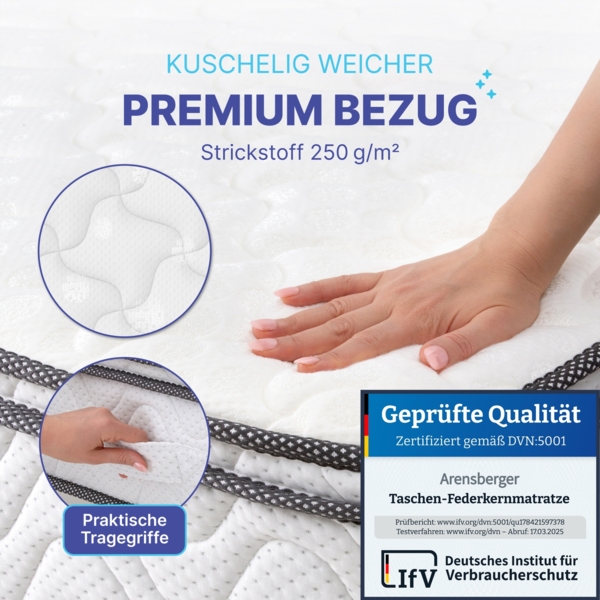 Arensberger VIKTORIA 7-Zonen Taschenfederkern Matratze, Höhe 25cm, mit integriertem Topper , 120x200 cm Bild 7