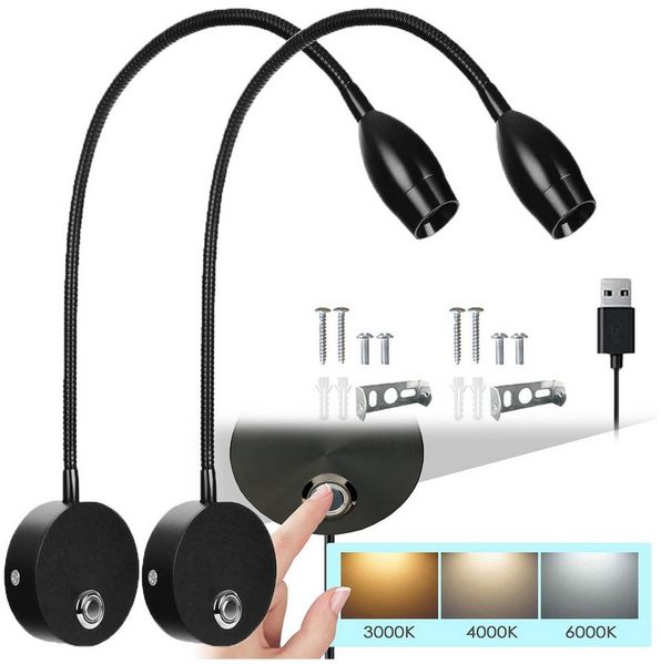 Jibenhome Bettleuchte LED Leselampe Wandmontage,3 Farbmodi mit Touch-Dimmer, Schwarz, LED fest integriert