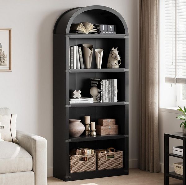 GarveeMore Bücherregal 5Regalböden Gewölbtes Bücherregal 180CM Holz AnzeigeAusstellungsregal, Bücherregal Holzregale für Home Office, Wohnzimmer