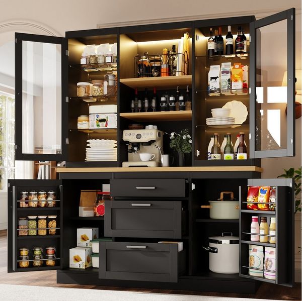 Flieks Küchenbuffet mit LED-Beleuchtung, verstellbarer Glaseinlegeböden und Arbeitsplatte (1-St, B140/T40/H185 cm) Hochschrank Küchenschrank Glasvitrine in Landhausstil Schwarz