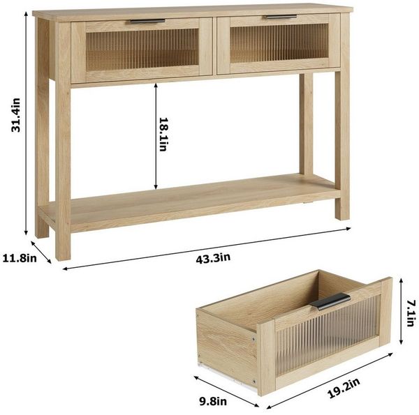 GarveeMore Konsolentisch Holz Konsole Tisch mit 2 Glasschubladen 2-Ebene Sofa Beistelltisch