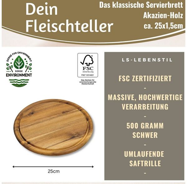 LS-LebenStil Servierbrett Holz Fleischteller Servierteller 25cm Akazie Rund Schneidebrett, Holz, (Set - 1 Stück - Schneidebrett mit Saftrille Vesperbrett Brotzeitbrett, 1-St, Vesperbrett Servierteller Pizzateller Käsebrett Holzbrett)